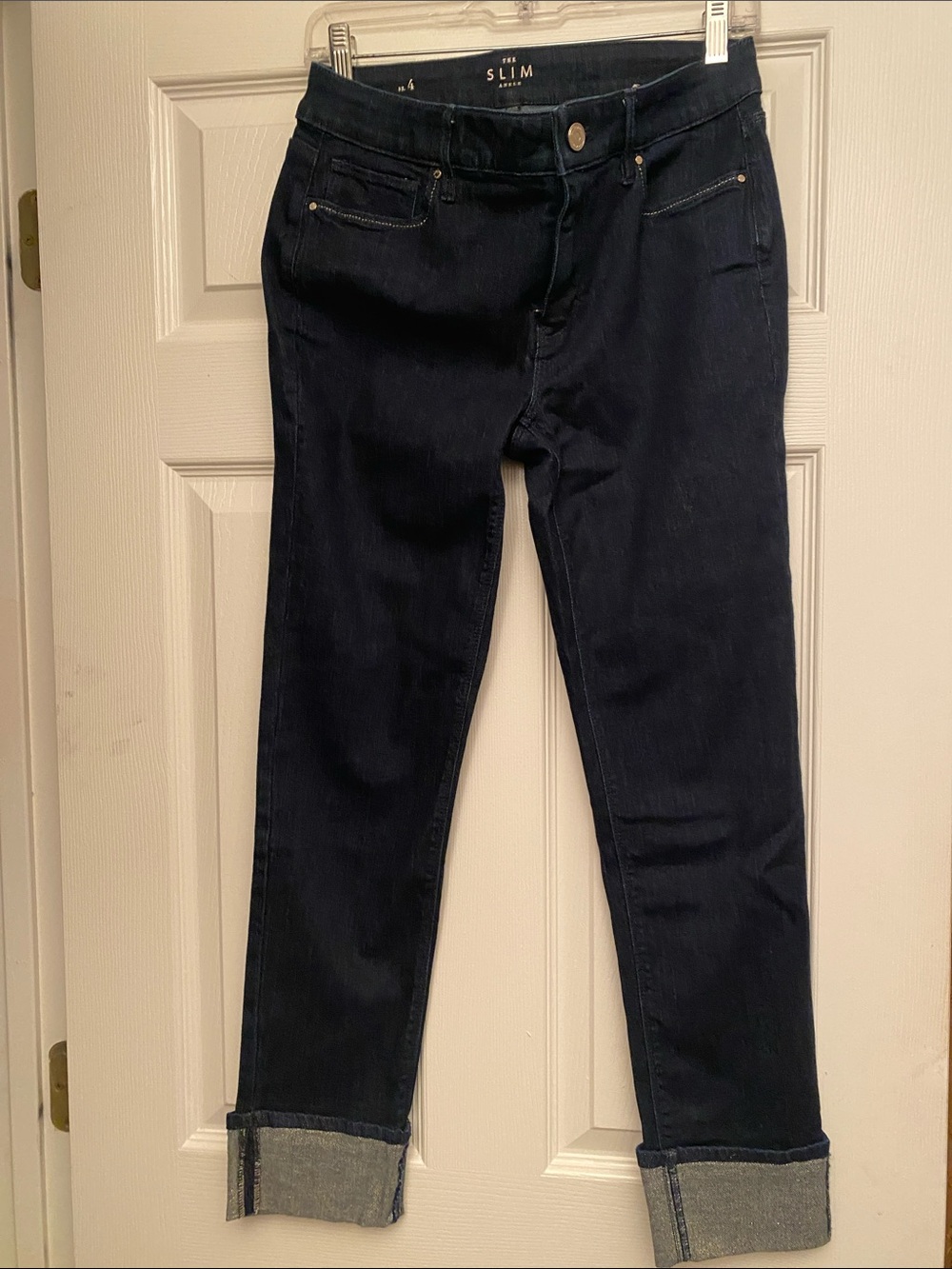 White House Black Market Slim Ankle Jeans in Dark Indigo Gold metallic Cuffs